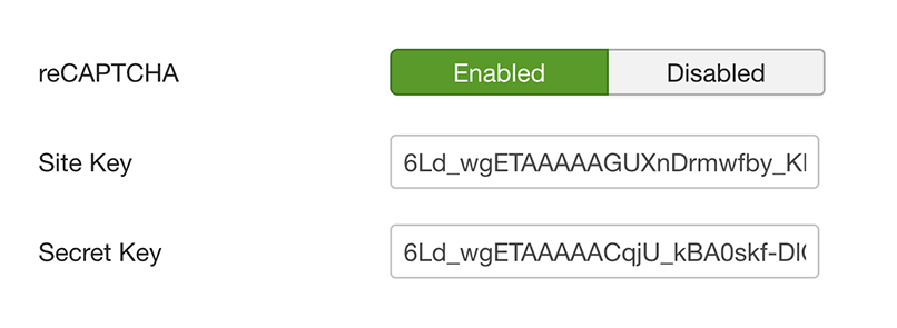 reCAPTCHA configuration.