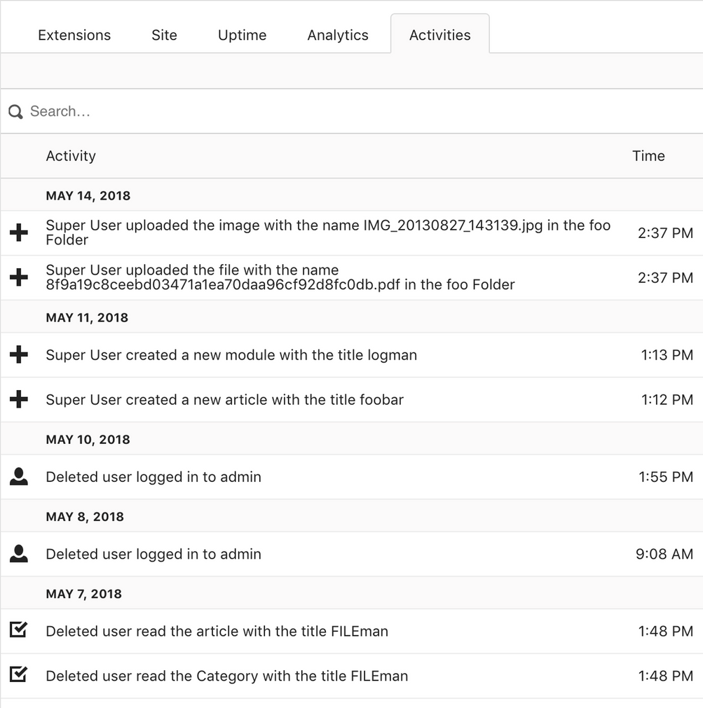 alt="Joomlatools Dashboard site activites